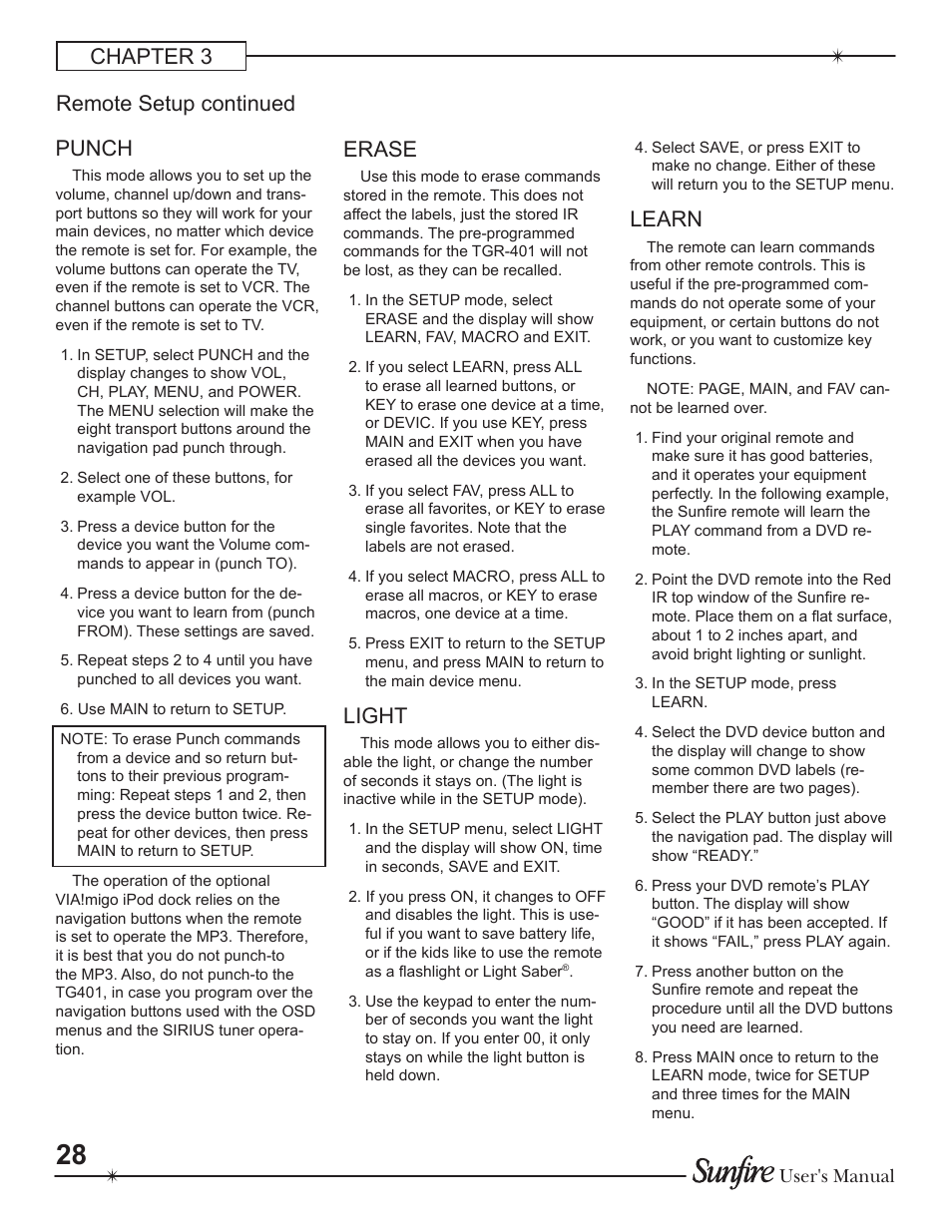 Chapter 3 punch, Remote setup continued erase, Light | Learn, User's manual | Sunfire Theater Grand Receiver TGR-401-230 User Manual | Page 28 / 68