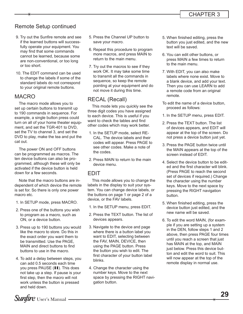 Chapter 3 remote setup continued, Macro, Recal (recall) | Edit | Sunfire Theater Grand Receiver TGR-401-230 User Manual | Page 29 / 68