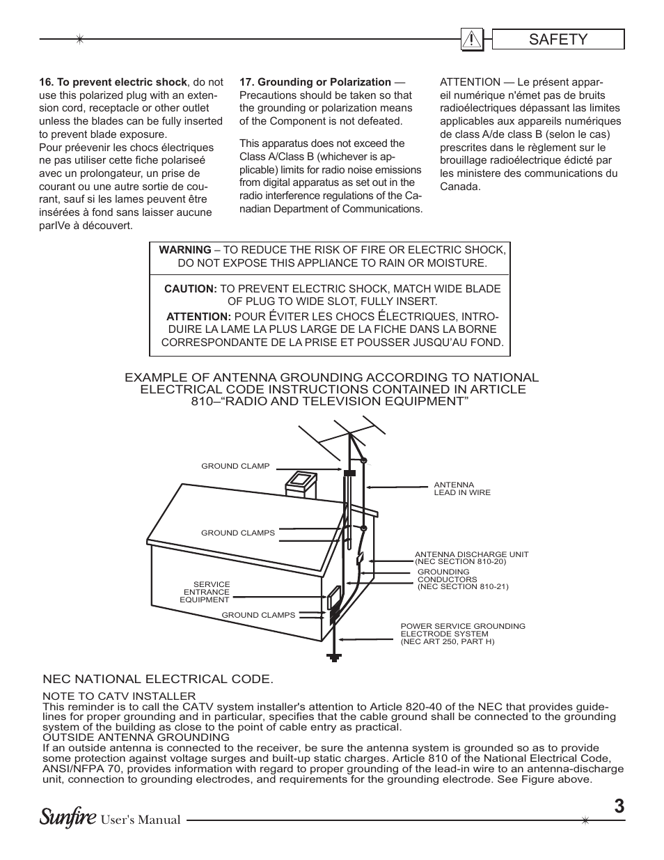 Safety, User's manual | Sunfire Theater Grand Receiver TGR-401-230 User Manual | Page 3 / 68