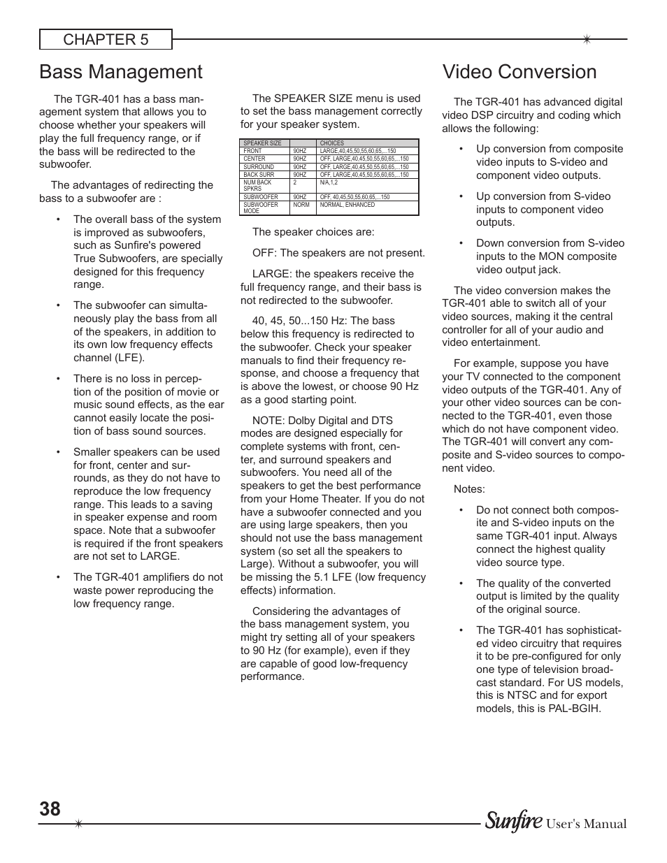 Video conversion, Bass management, Chapter 5 | User's manual | Sunfire Theater Grand Receiver TGR-401-230 User Manual | Page 38 / 68