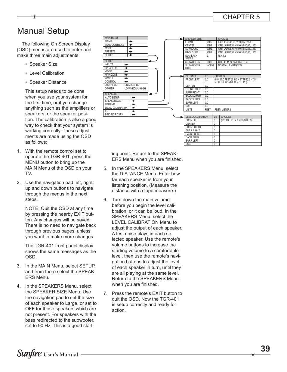 Manual setup, Chapter 5, User's manual | Sunfire Theater Grand Receiver TGR-401-230 User Manual | Page 39 / 68