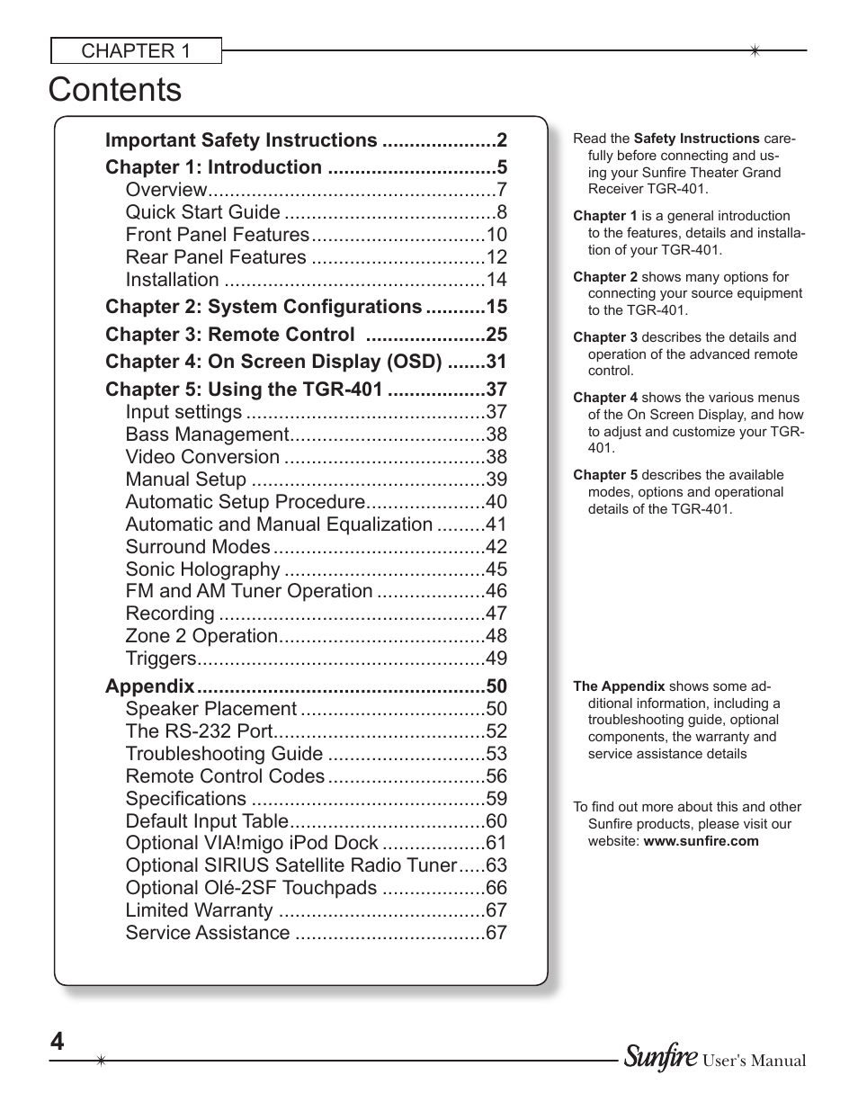 Sunfire Theater Grand Receiver TGR-401-230 User Manual | Page 4 / 68