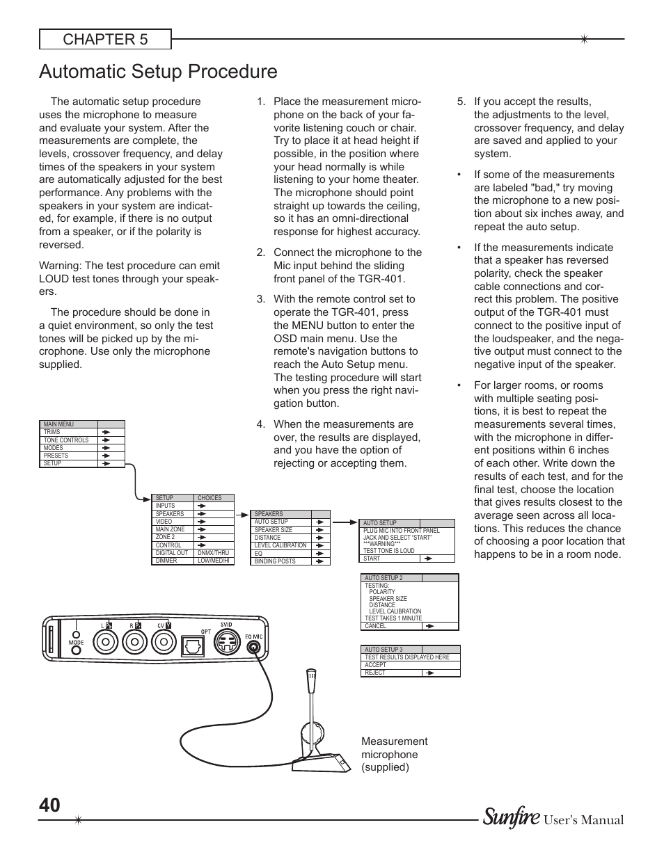 Automatic setup procedure, Chapter 5, User's manual | Sunfire Theater Grand Receiver TGR-401-230 User Manual | Page 40 / 68