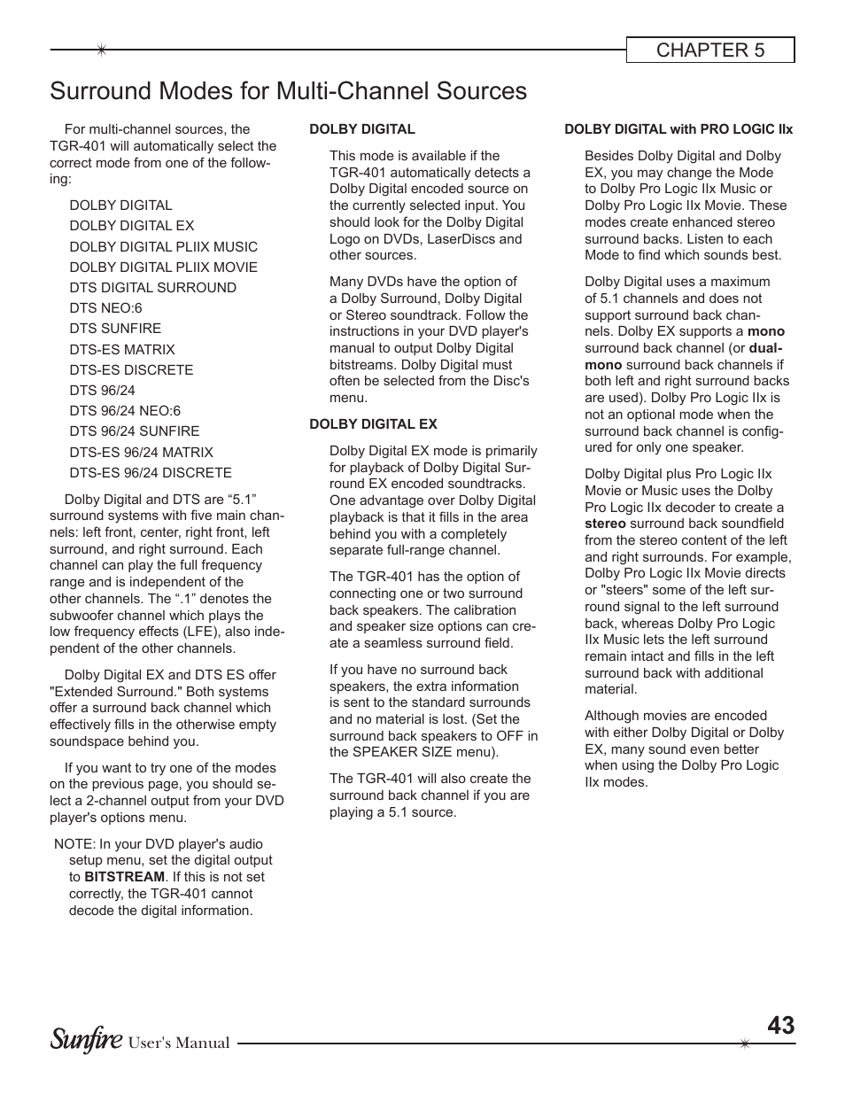 Surround modes for multi-channel sources, Chapter 5 | Sunfire Theater Grand Receiver TGR-401-230 User Manual | Page 43 / 68