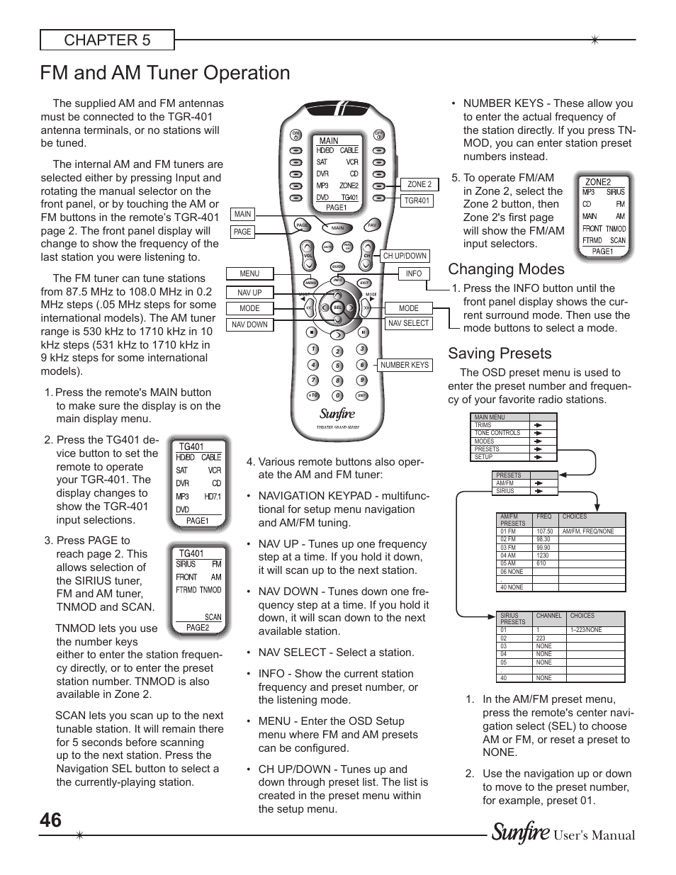 Fm and am tuner operation, Chapter 5, Changing modes | Saving presets, User's manual | Sunfire Theater Grand Receiver TGR-401-230 User Manual | Page 46 / 68