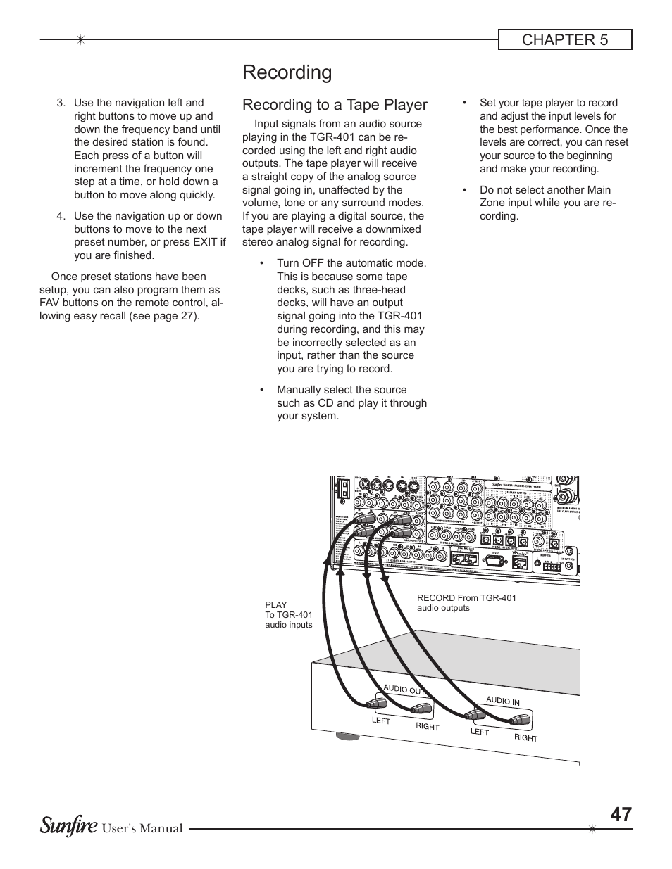 Recording, Chapter 5, Recording to a tape player | Sunfire Theater Grand Receiver TGR-401-230 User Manual | Page 47 / 68