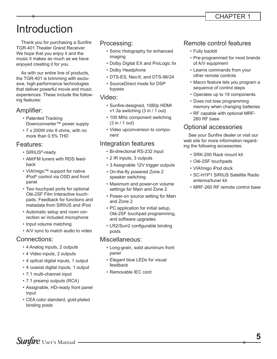 Introduction, Chapter 1 processing, Video | Integration features, Miscellaneous, Remote control features, Optional accessories, Amplifier, Features, Connections | Sunfire Theater Grand Receiver TGR-401-230 User Manual | Page 5 / 68