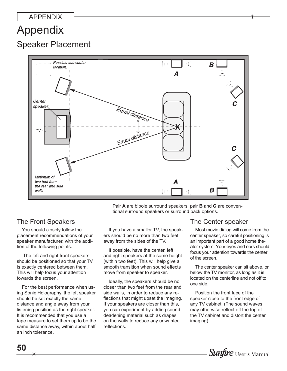 Speaker placement, Appendix, The front speakers | The center speaker | Sunfire Theater Grand Receiver TGR-401-230 User Manual | Page 50 / 68