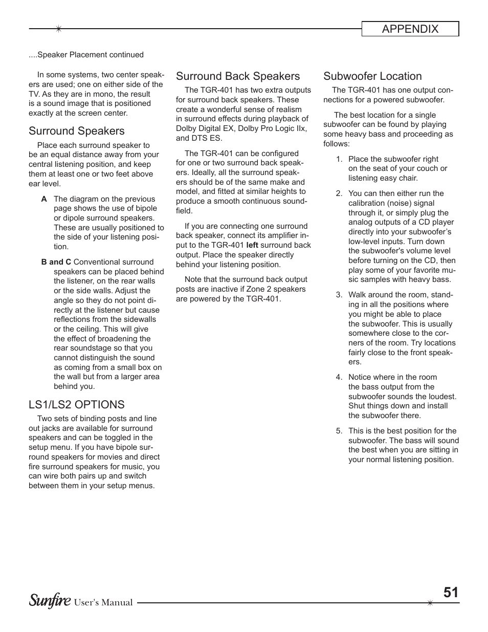 Appendix, Surround speakers, Ls1/ls2 options | Surround back speakers, Subwoofer location | Sunfire Theater Grand Receiver TGR-401-230 User Manual | Page 51 / 68