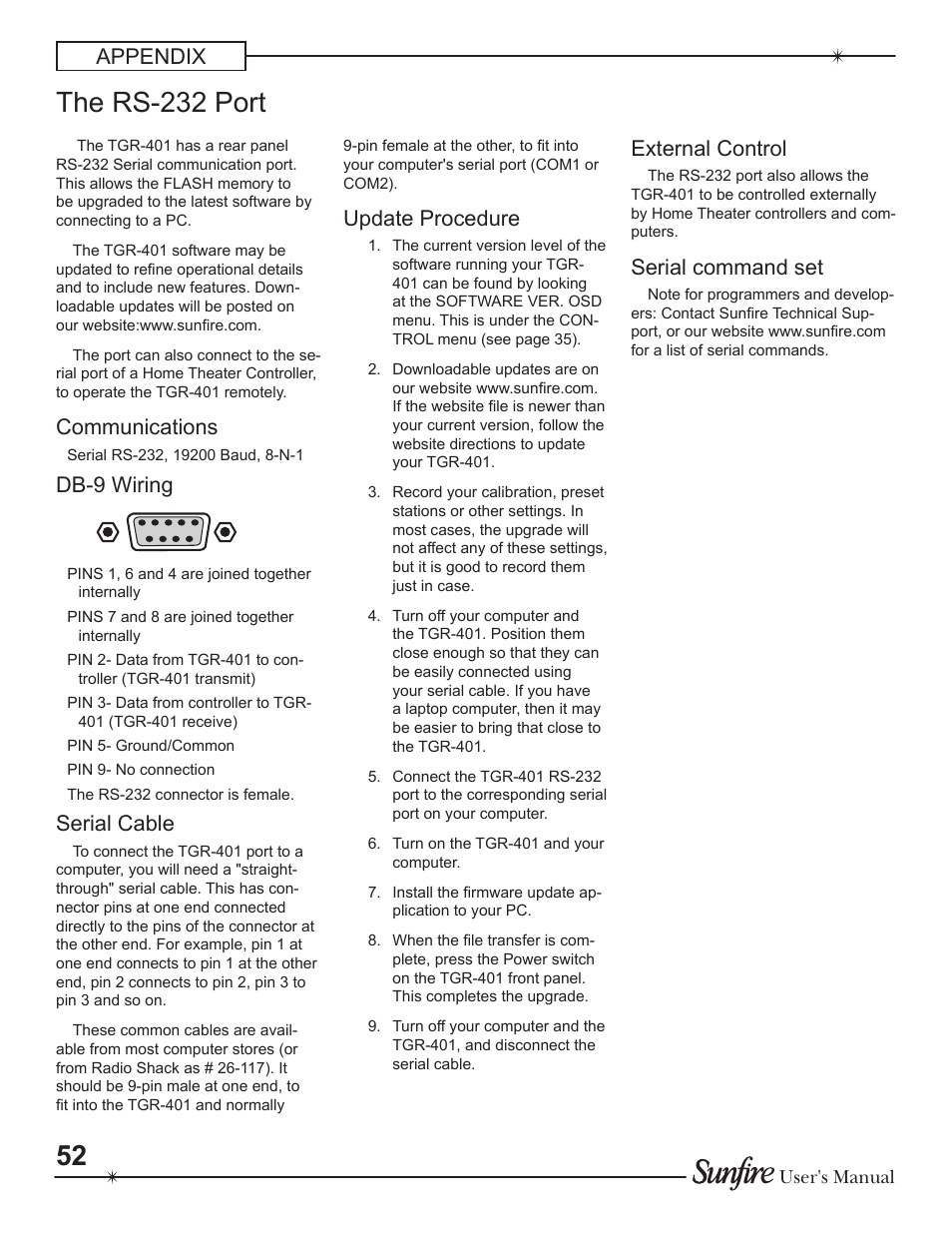 The rs-232 port, Appendix, Communications | Db-9 wiring, Serial cable, Update procedure, External control, Serial command set | Sunfire Theater Grand Receiver TGR-401-230 User Manual | Page 52 / 68