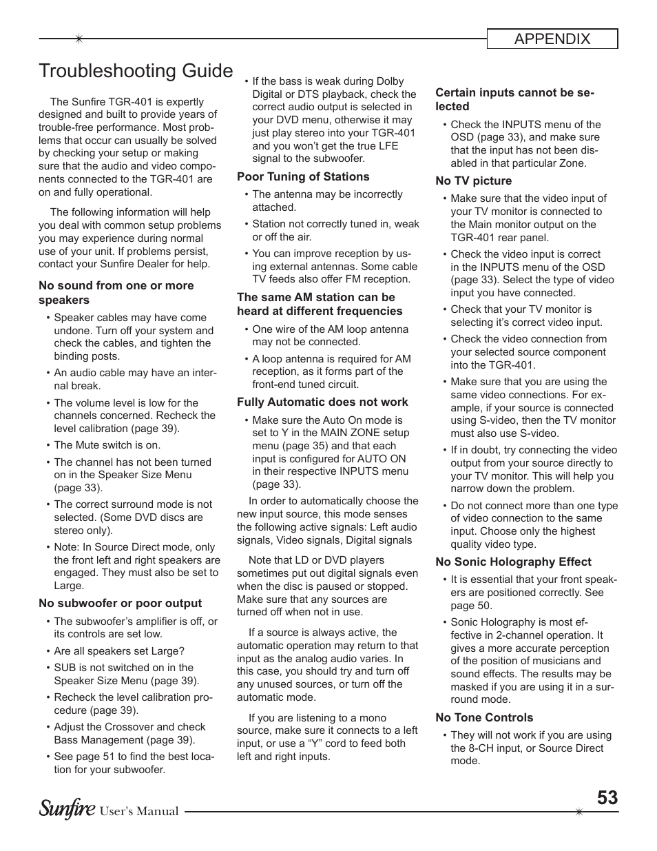 Troubleshooting guide, Appendix | Sunfire Theater Grand Receiver TGR-401-230 User Manual | Page 53 / 68