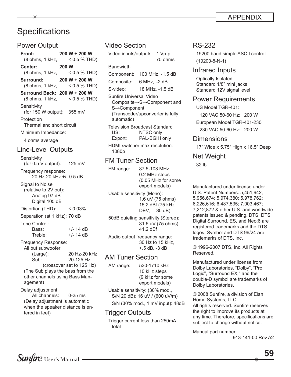 Specifications, Appendix, Power output | Line-level outputs, Trigger outputs, Rs-232, Infrared inputs, Power requirements, Dimensions, Net weight | Sunfire Theater Grand Receiver TGR-401-230 User Manual | Page 59 / 68