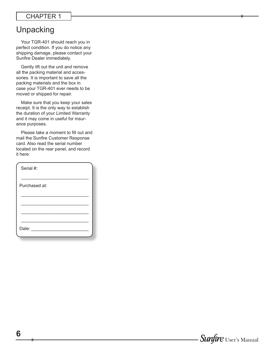 Unpacking, Chapter 1 | Sunfire Theater Grand Receiver TGR-401-230 User Manual | Page 6 / 68