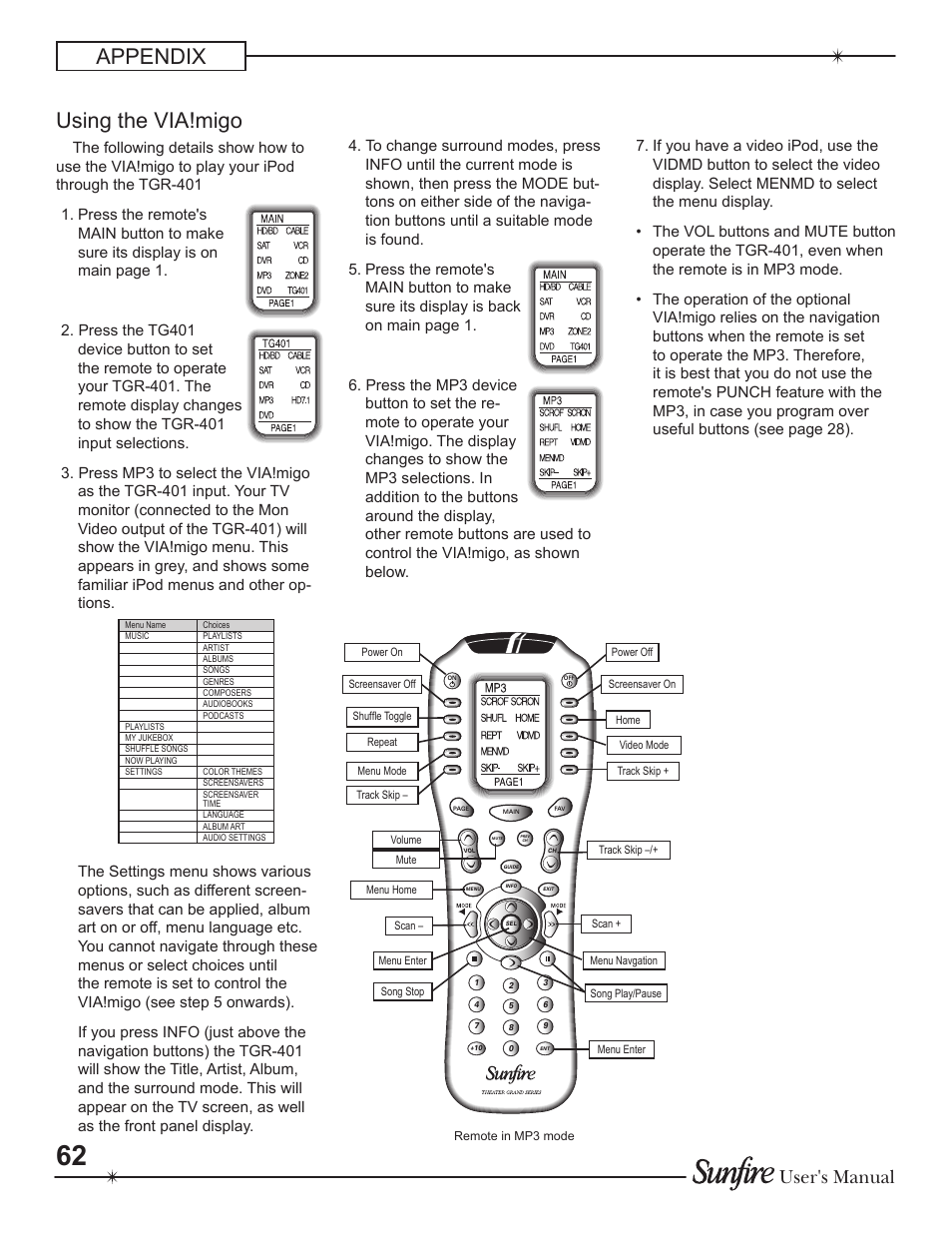 Appendix using the via!migo, User's manual | Sunfire Theater Grand Receiver TGR-401-230 User Manual | Page 62 / 68