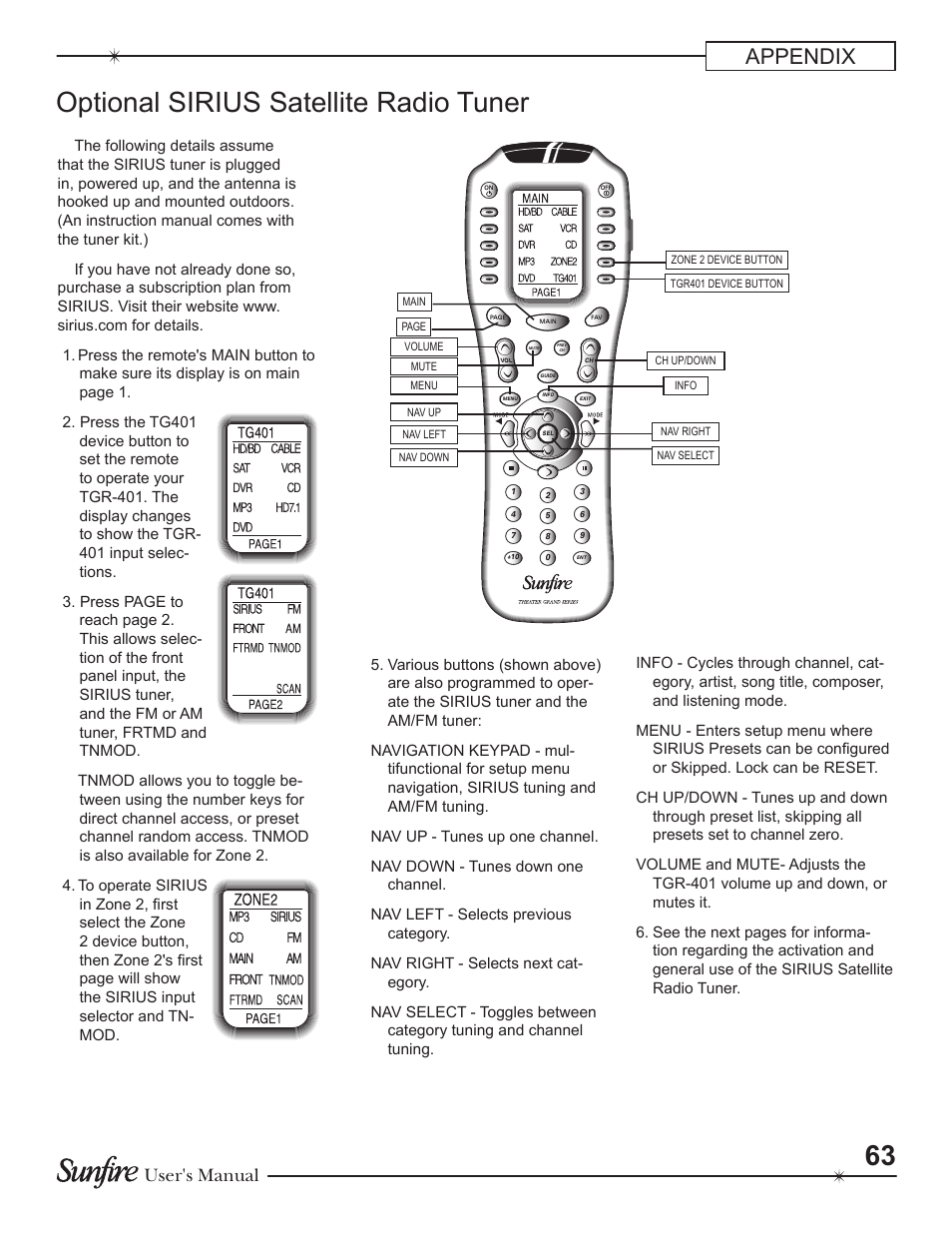 Optional sirius satellite radio tuner, Appendix, User's manual | Sunfire Theater Grand Receiver TGR-401-230 User Manual | Page 63 / 68