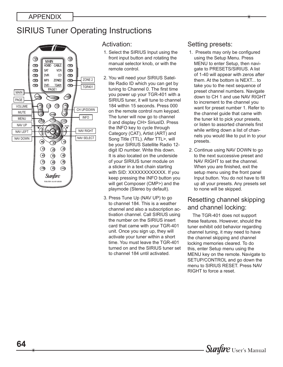 Sirius tuner operating instructions, Appendix, Activation | Setting presets, Resetting channel skipping and channel locking, User's manual | Sunfire Theater Grand Receiver TGR-401-230 User Manual | Page 64 / 68