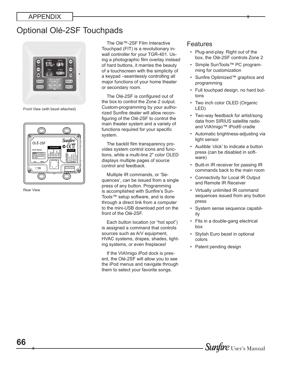 Optional olé-2sf touchpads, Appendix features, User's manual | Sunfire Theater Grand Receiver TGR-401-230 User Manual | Page 66 / 68