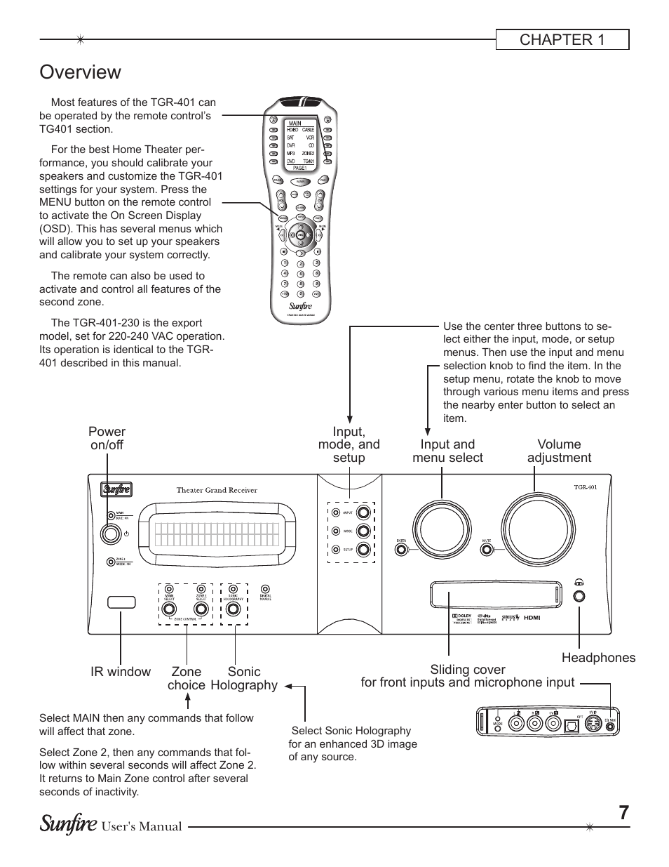 Overview, Chapter 1, User's manual | Volume adjustment | Sunfire Theater Grand Receiver TGR-401-230 User Manual | Page 7 / 68