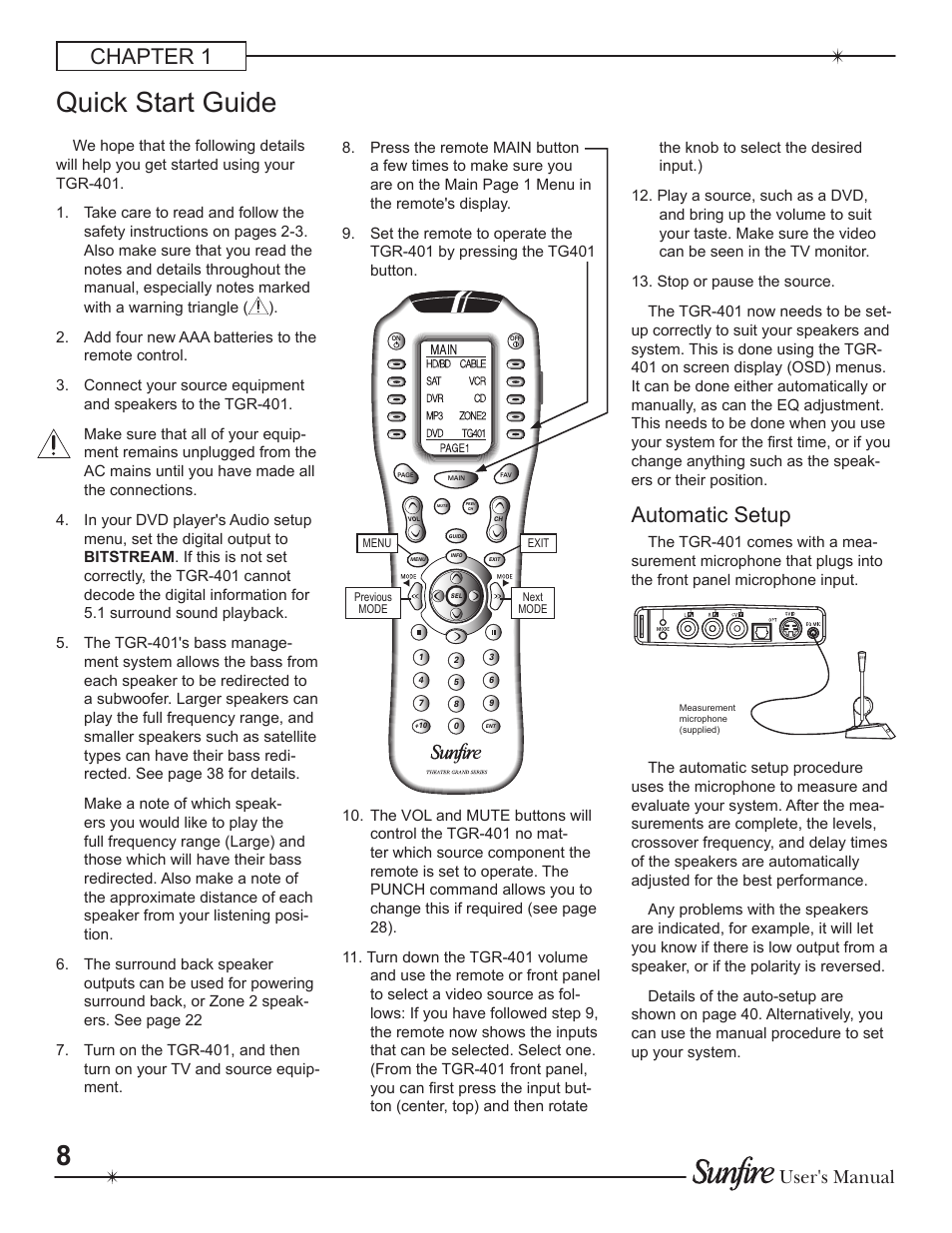 Quick start guide, Chapter 1, Automatic setup | User's manual | Sunfire Theater Grand Receiver TGR-401-230 User Manual | Page 8 / 68