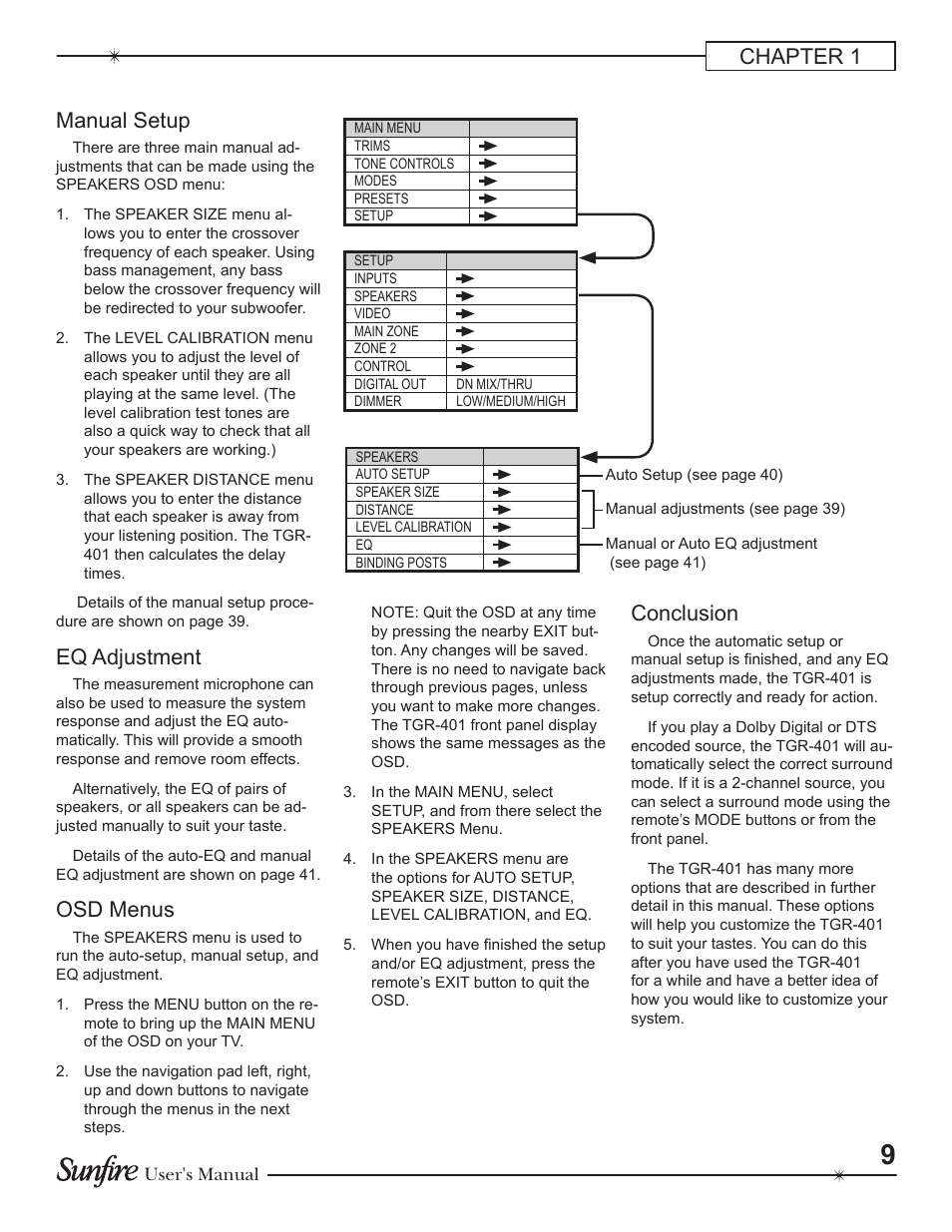 Chapter 1 manual setup, Eq adjustment, Osd menus | Conclusion | Sunfire Theater Grand Receiver TGR-401-230 User Manual | Page 9 / 68