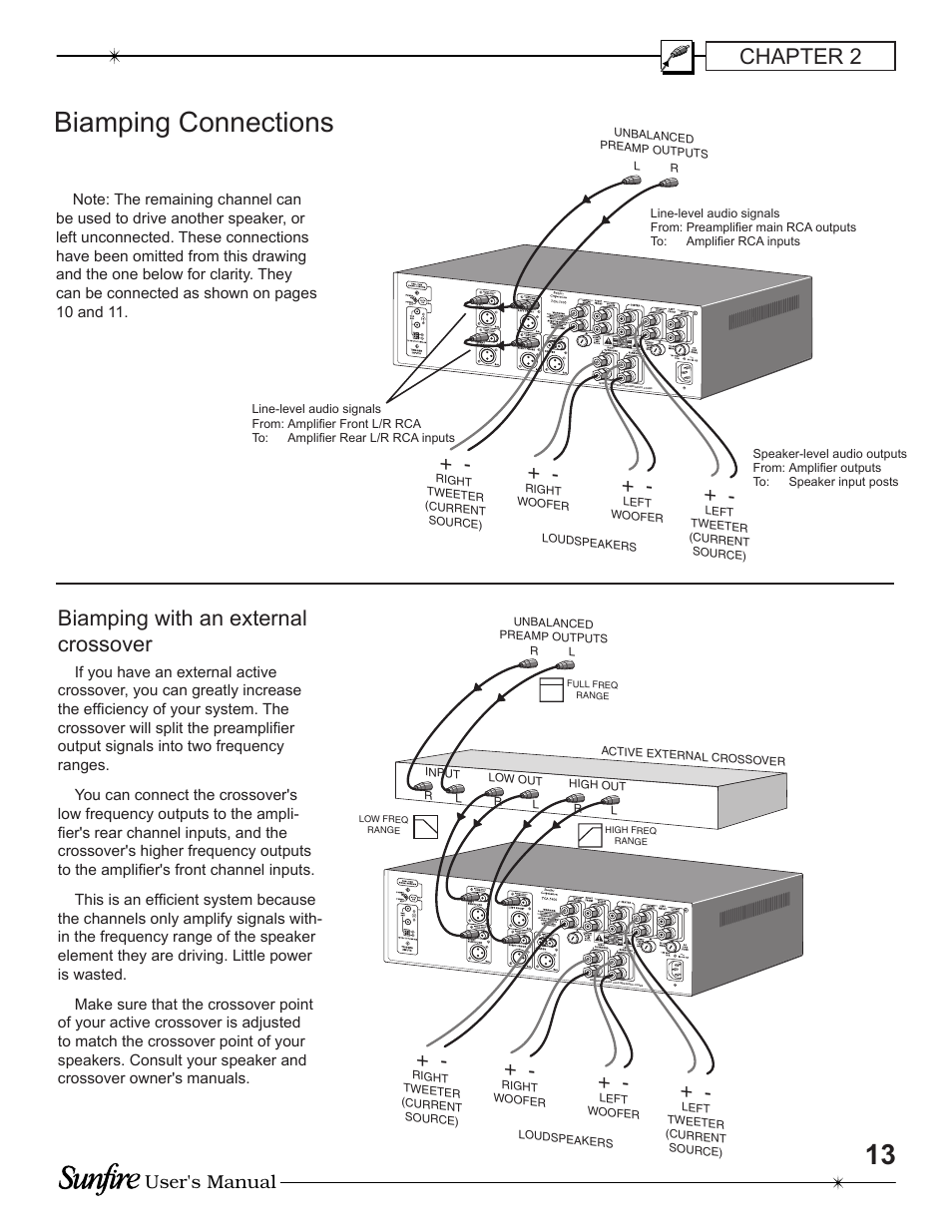 Biamping connections, Chapter 2, Biamping with an external crossover | User's manual | Sunfire TGA-5200 User Manual | Page 13 / 20