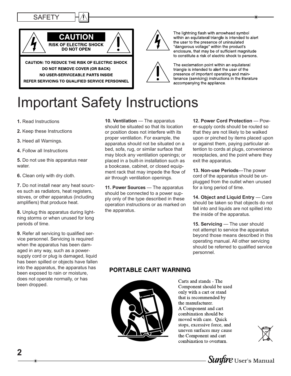 Important safety in struc tions | Sunfire TGA-5200 User Manual | Page 2 / 20