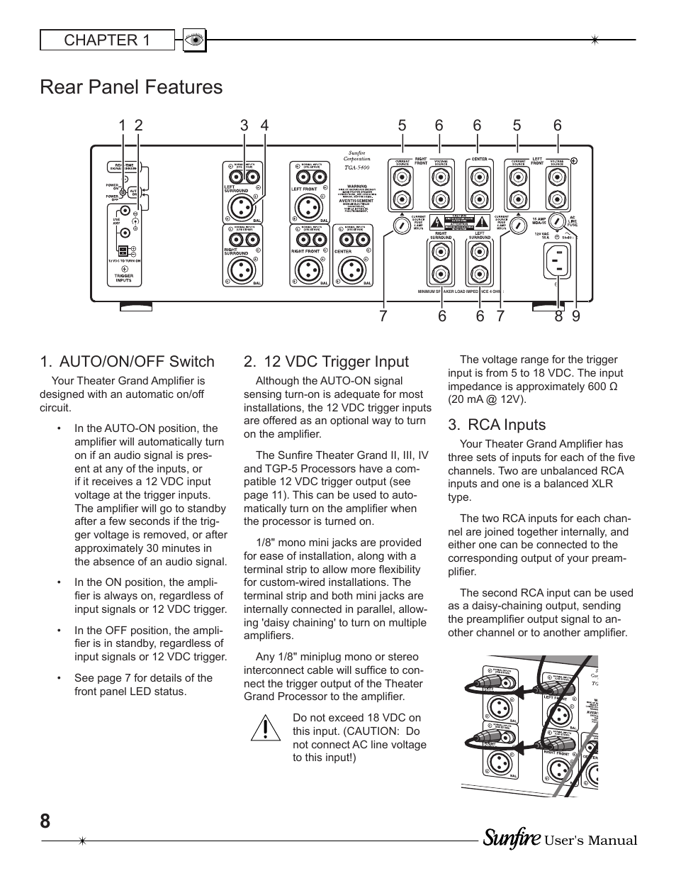 8rear panel features, Auto/on/off switch, 12 vdc trigger input | Rca inputs | Sunfire TGA-5200 User Manual | Page 8 / 20