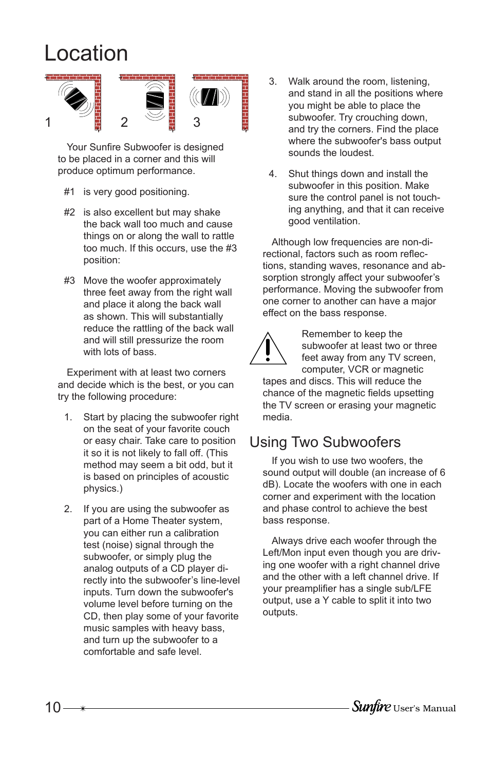 Location, Using two subwoofers | Sunfire Home Theater System User Manual | Page 10 / 20