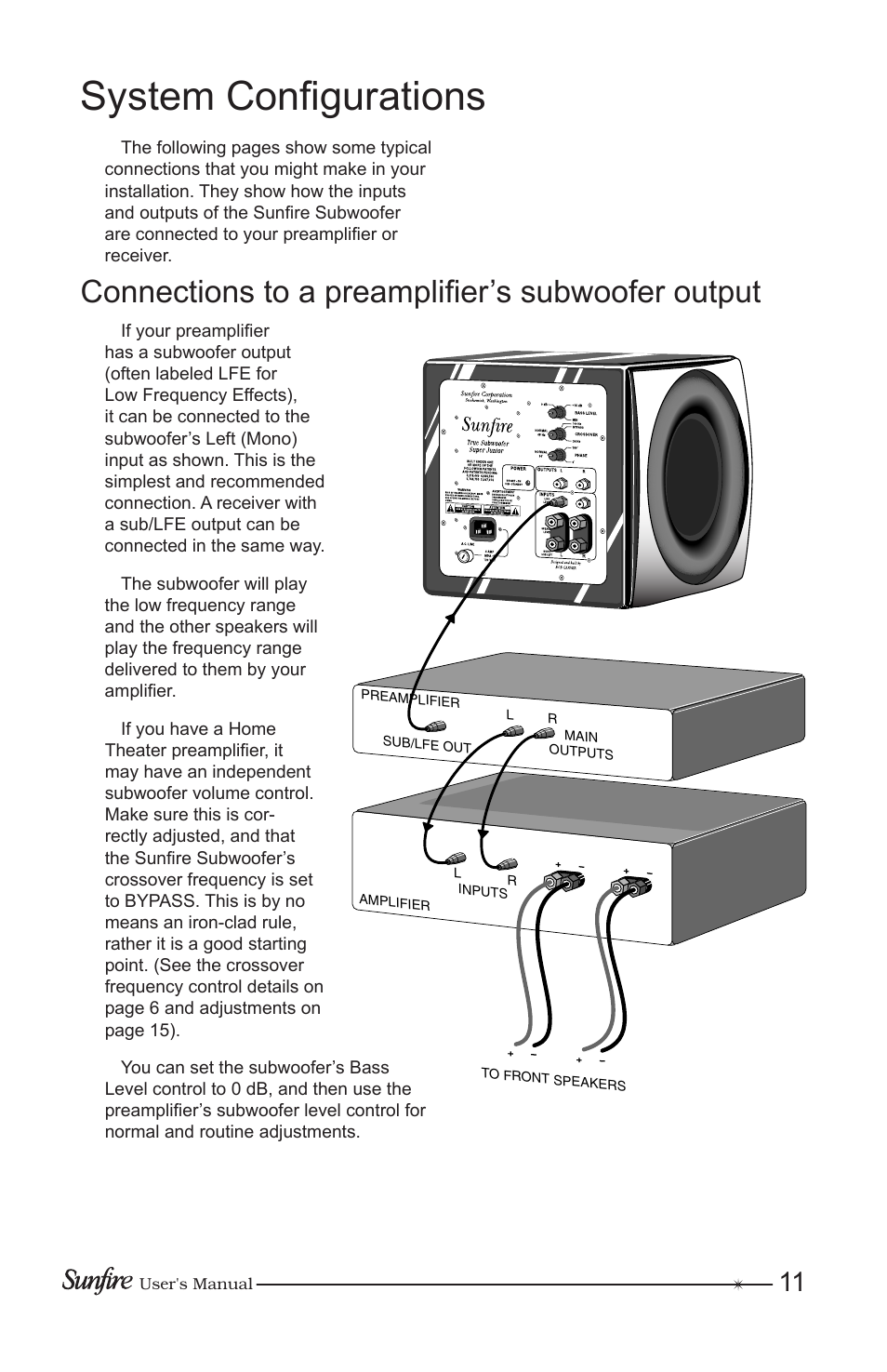 System confi gurations, Connections to a preamplifi er’s subwoofer output | Sunfire Home Theater System User Manual | Page 11 / 20