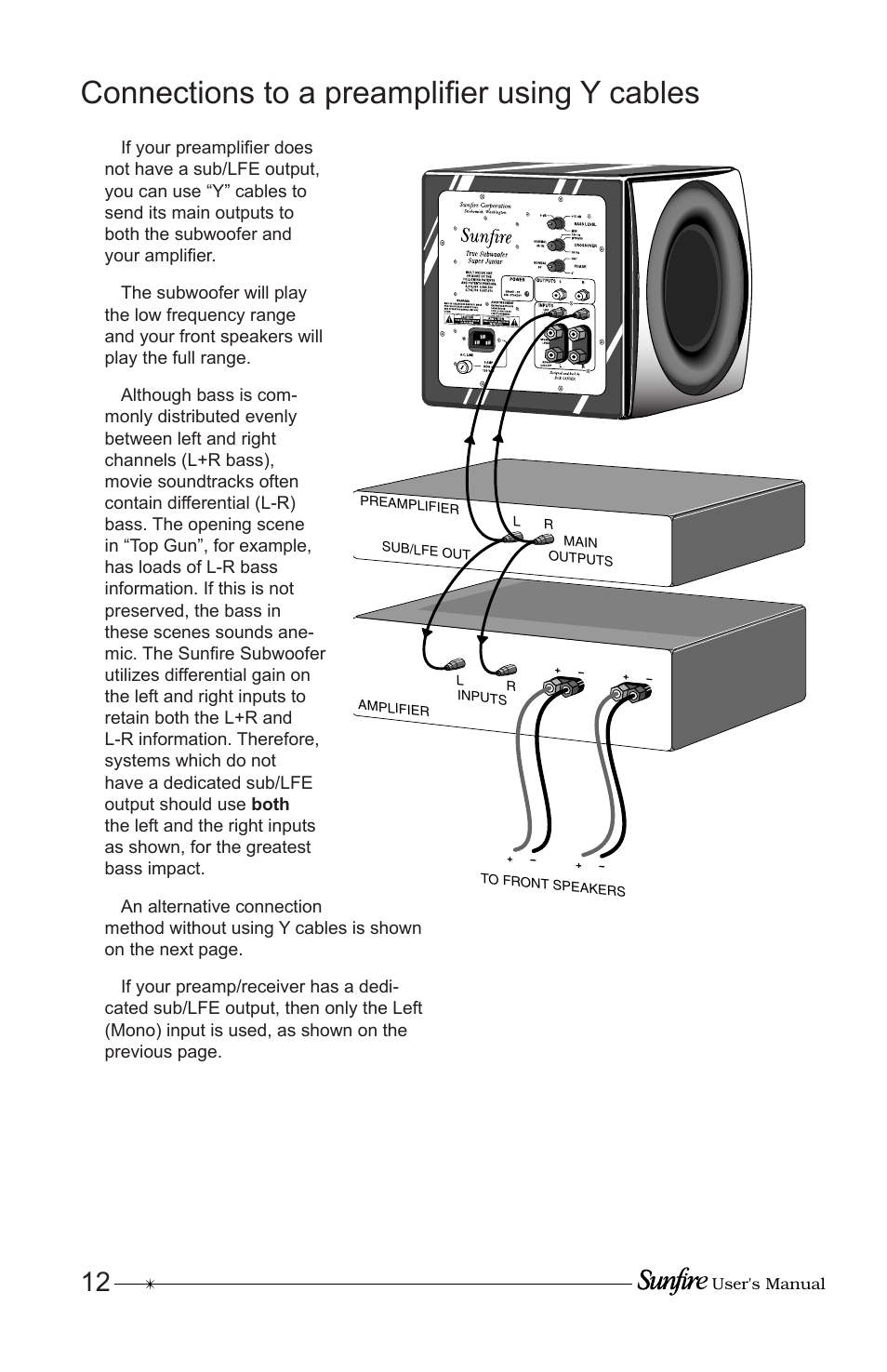 Connections to a preamplifi er using y cables | Sunfire Home Theater System User Manual | Page 12 / 20