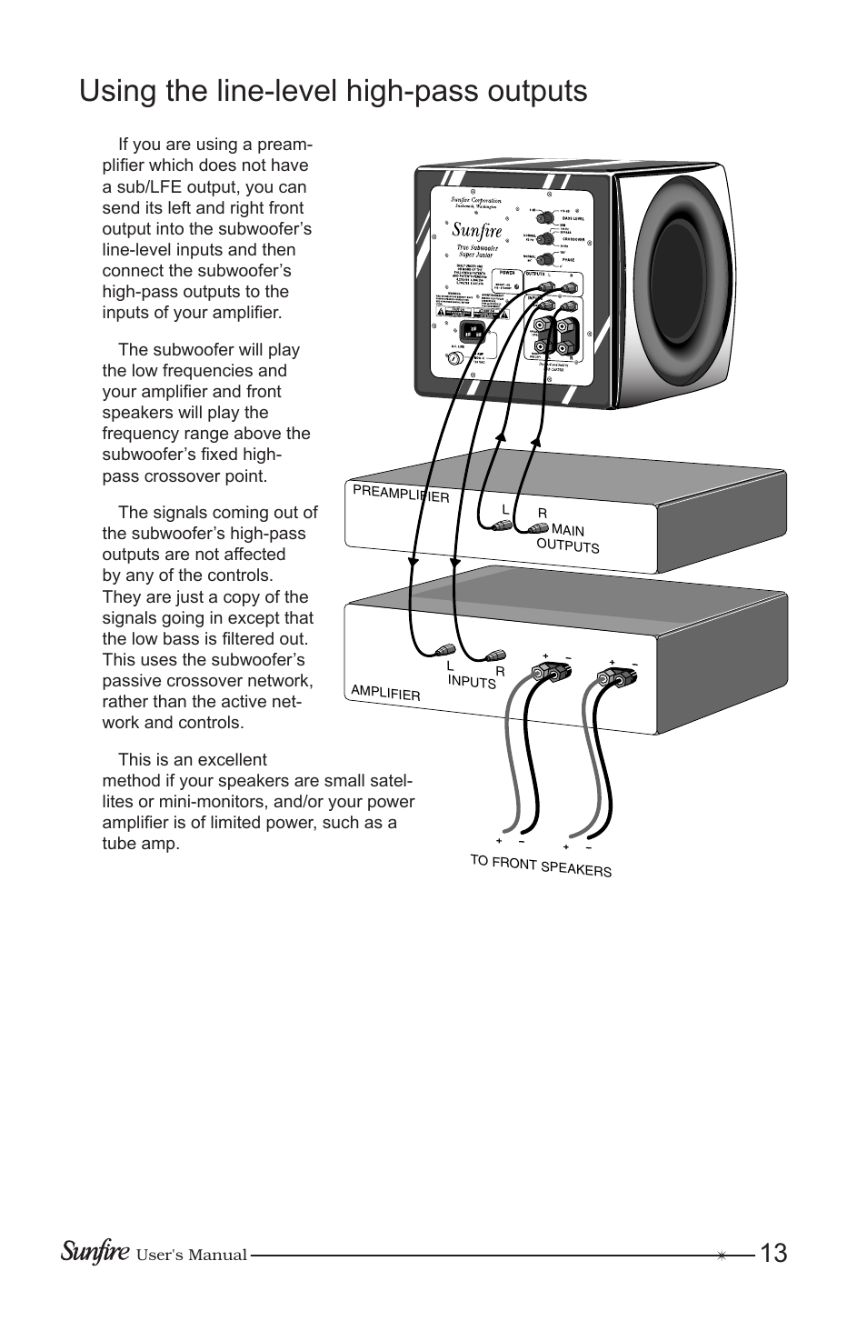 Using the line-level high-pass outputs | Sunfire Home Theater System User Manual | Page 13 / 20