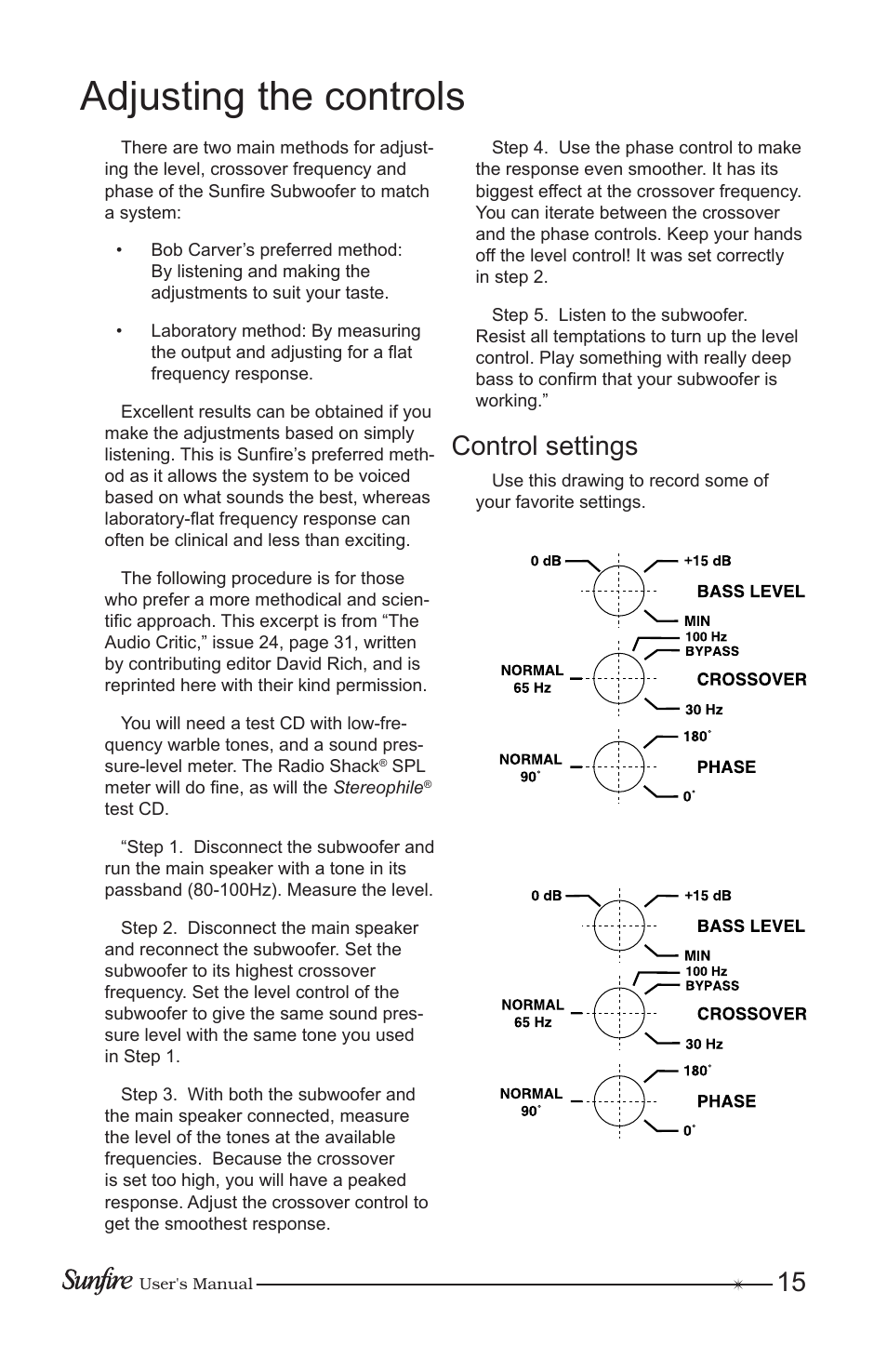 Adjusting the controls, Control settings | Sunfire Home Theater System User Manual | Page 15 / 20