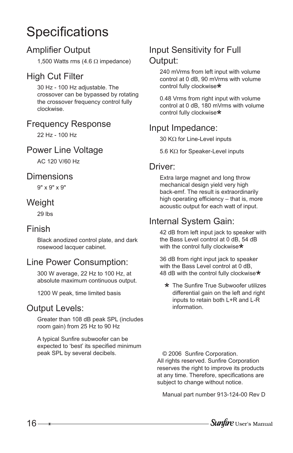 Specifi cations | Sunfire Home Theater System User Manual | Page 16 / 20