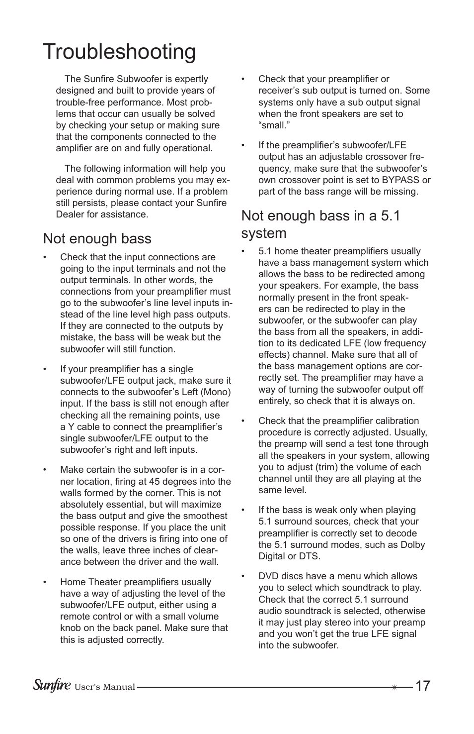 Troubleshooting, Not enough bass, Not enough bass in a 5.1 sys tem | Sunfire Home Theater System User Manual | Page 17 / 20