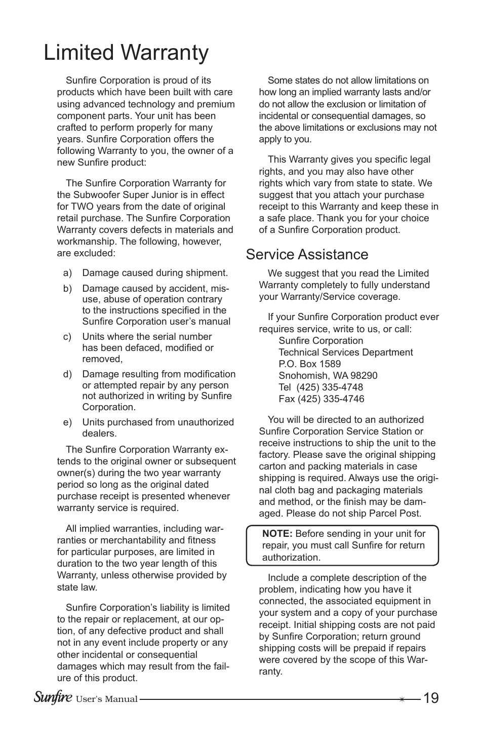 Limited warranty, Service assistance | Sunfire Home Theater System User Manual | Page 19 / 20