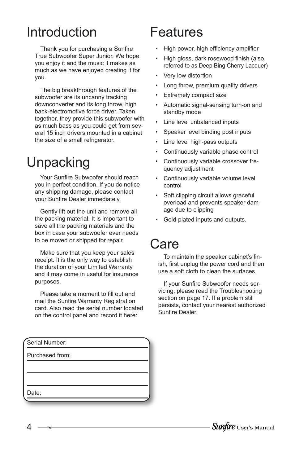 Unpacking features, Introduction, Care | Sunfire Home Theater System User Manual | Page 4 / 20