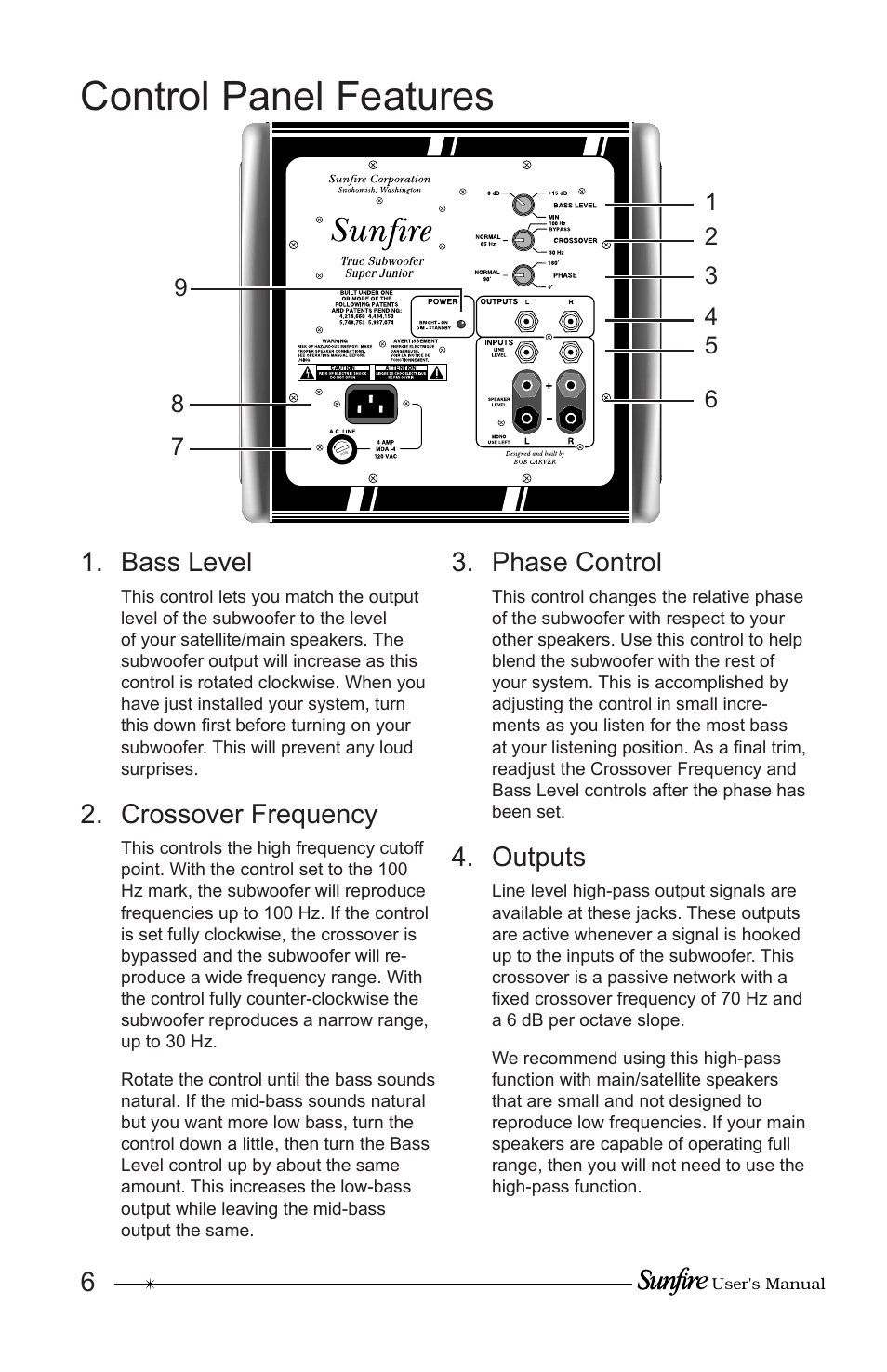 Control panel features, Bass level, Crossover frequency | Phase control, Outputs | Sunfire Home Theater System User Manual | Page 6 / 20