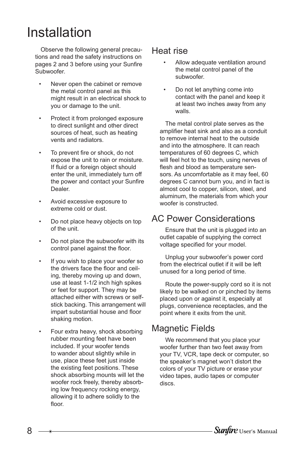 Installation, Heat rise, Ac power considerations | Magnetic fields | Sunfire Home Theater System User Manual | Page 8 / 20