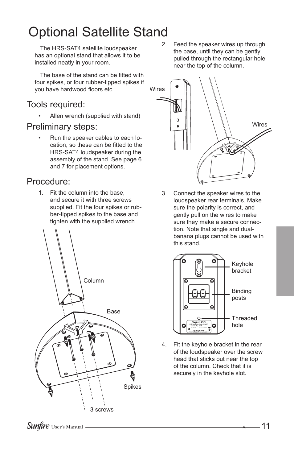 Optional satellite stand, Tools required, Preliminary steps | Procedure | Sunfire HRS-SAT4 User Manual | Page 11 / 16