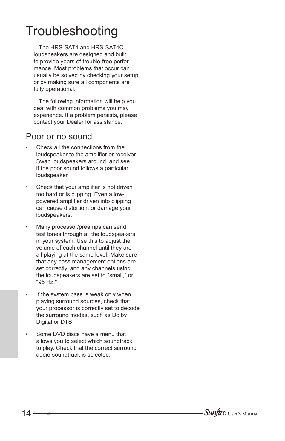 Troubleshooting, Poor or no sound | Sunfire HRS-SAT4 User Manual | Page 14 / 16