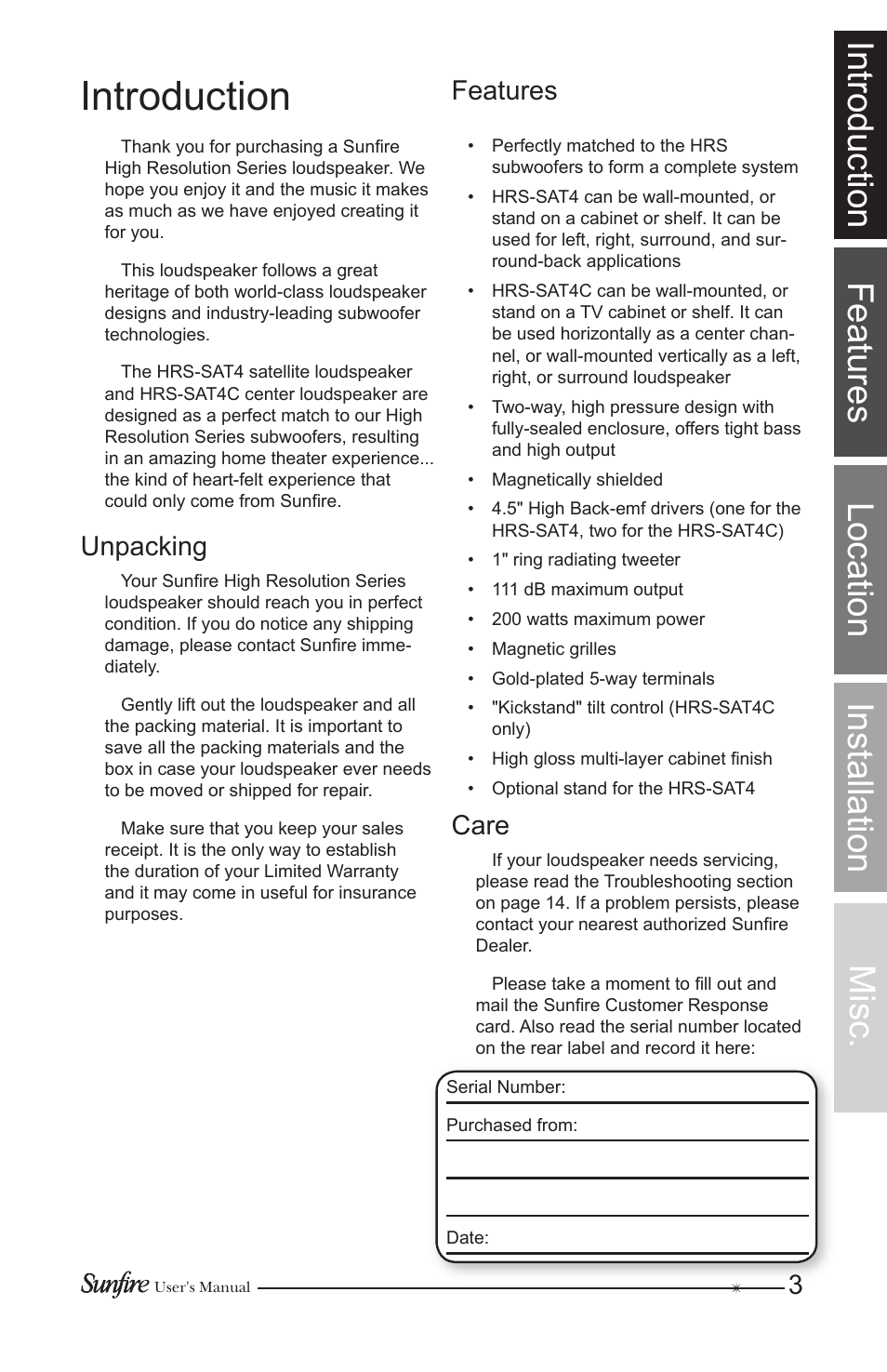 Introduction, Introduction features location installation, Misc | Features, Care, Unpacking | Sunfire HRS-SAT4 User Manual | Page 3 / 16