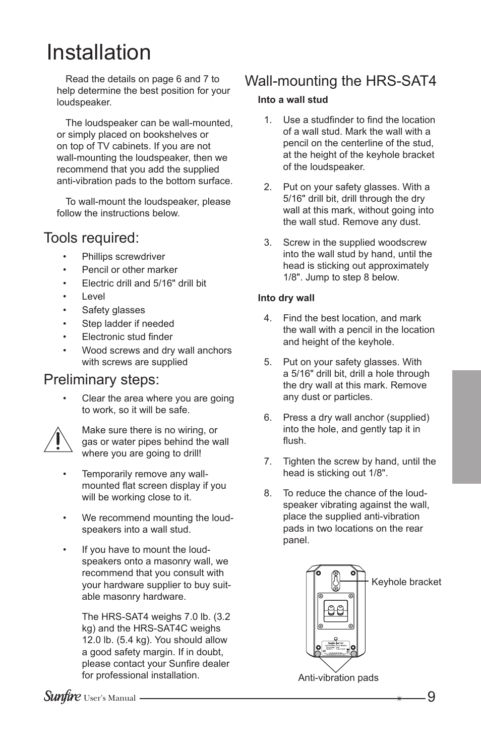 Installation, Tools required, Preliminary steps | Wall-mounting the hrs-sat4 | Sunfire HRS-SAT4 User Manual | Page 9 / 16