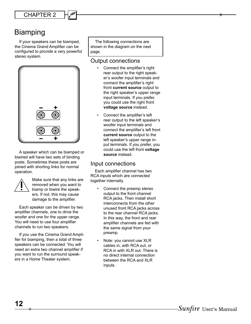 Bi amp ing, Chapter 2, Output connections | Input connections | Sunfire 200 ~ five User Manual | Page 12 / 20