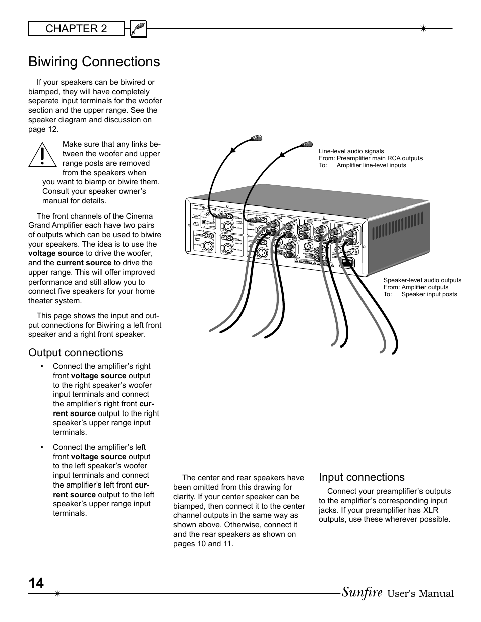 Biwiring connections, Chapter 2, Output connections | Input connections, User's manual | Sunfire 200 ~ five User Manual | Page 14 / 20