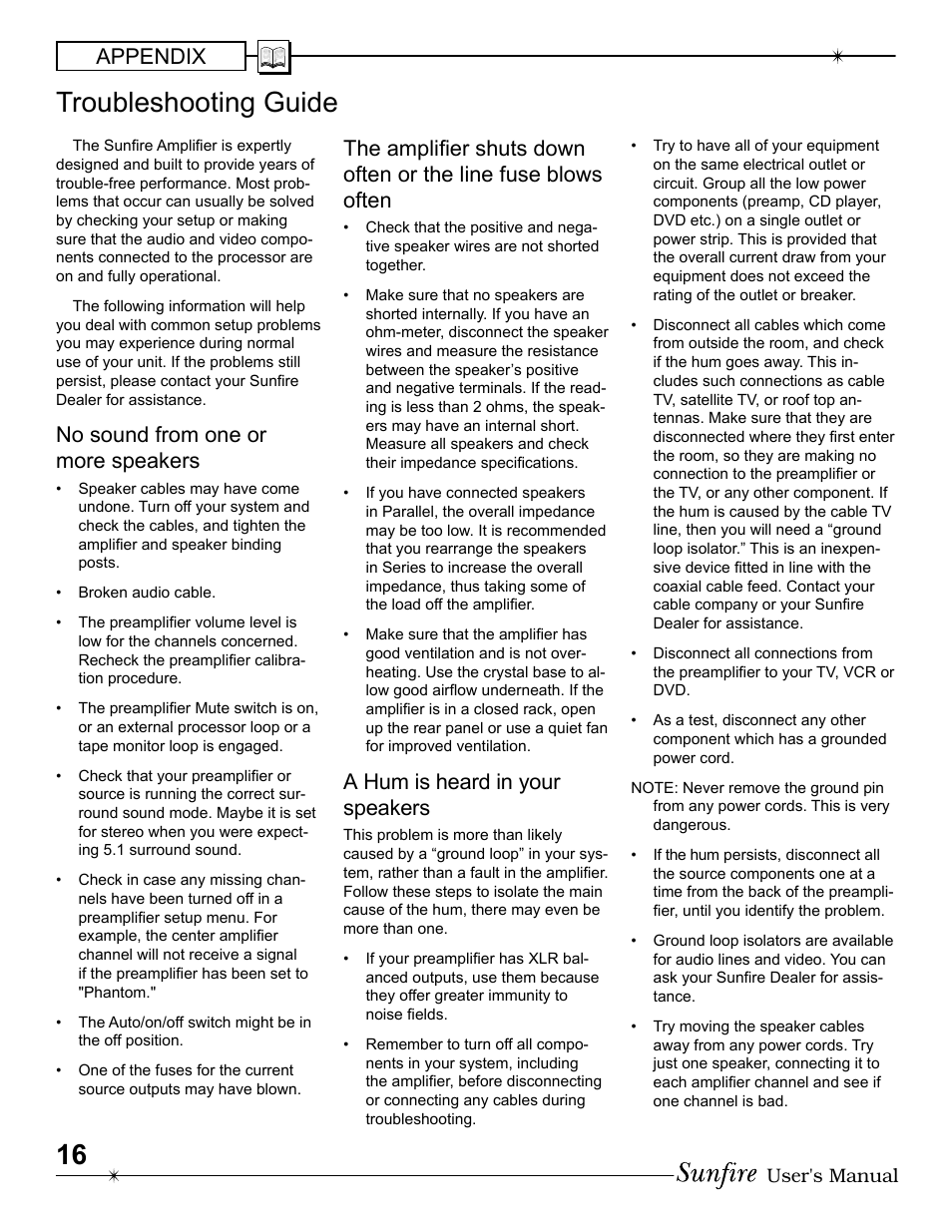 Troubleshooting guide, Appendix, No sound from one or more speakers | A hum is heard in your speak ers | Sunfire 200 ~ five User Manual | Page 16 / 20