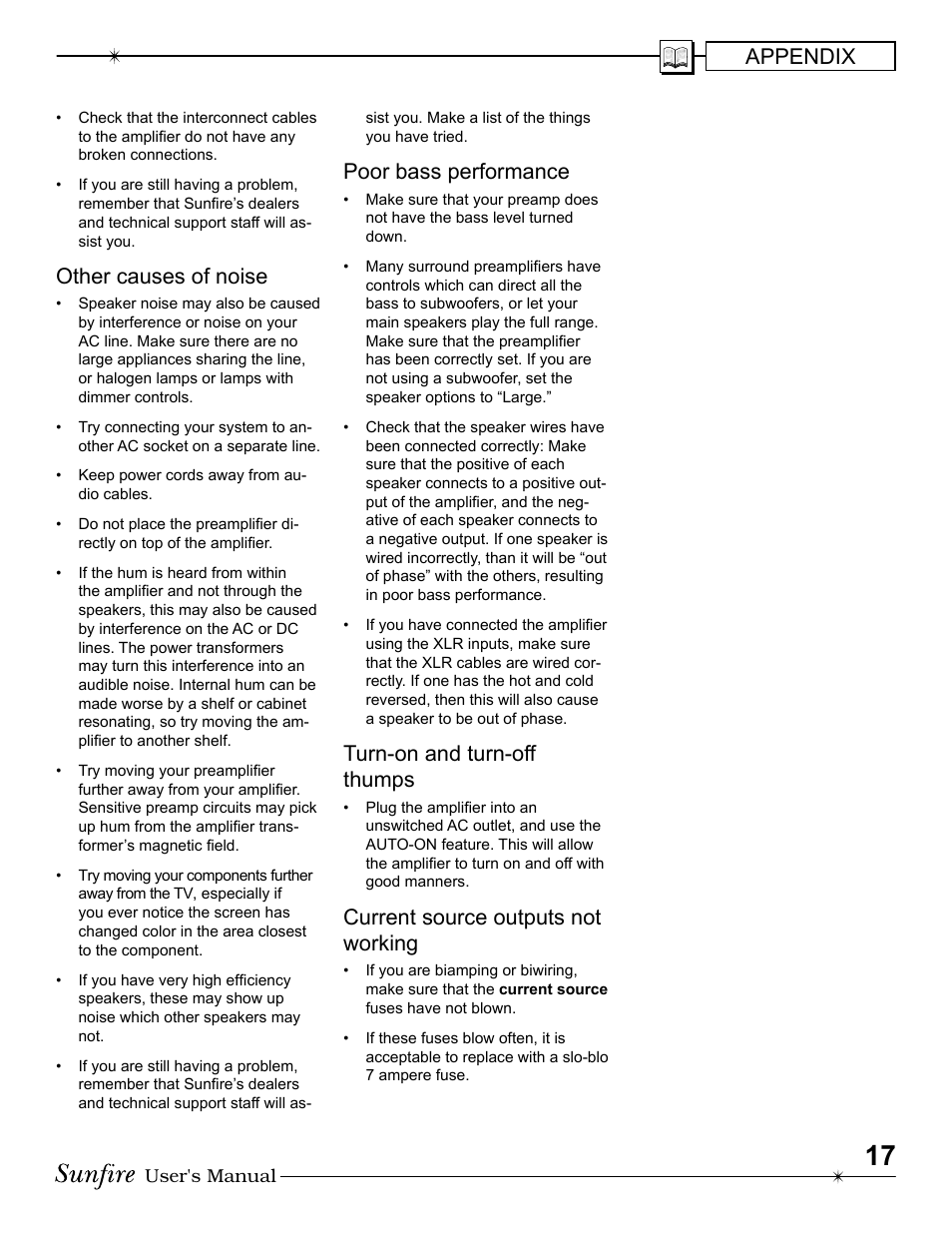 Appendix, Other causes of noise, Poor bass performance | Turn-on and turn-off thumps, Current source outputs not work ing | Sunfire 200 ~ five User Manual | Page 17 / 20