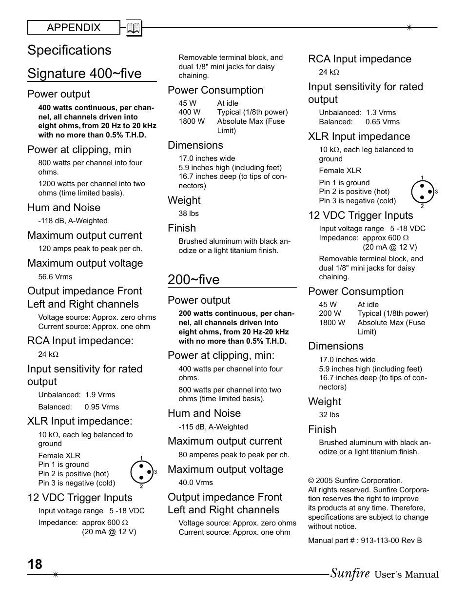 Signature 400~þ ve, 200~þ ve, Speciþ cations | Sunfire 200 ~ five User Manual | Page 18 / 20