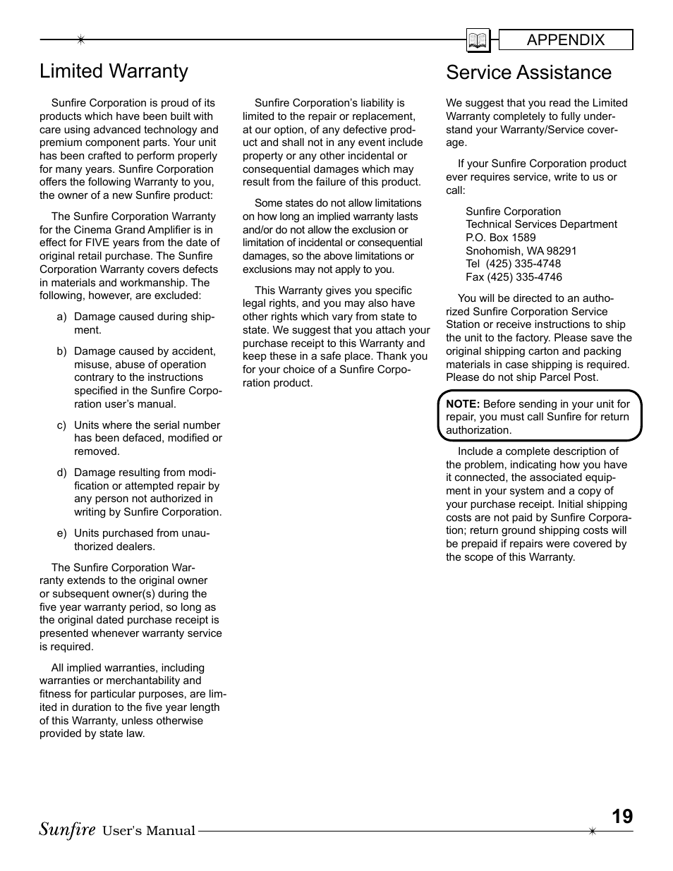 Limited warranty, Service assistance, Appendix | Sunfire 200 ~ five User Manual | Page 19 / 20