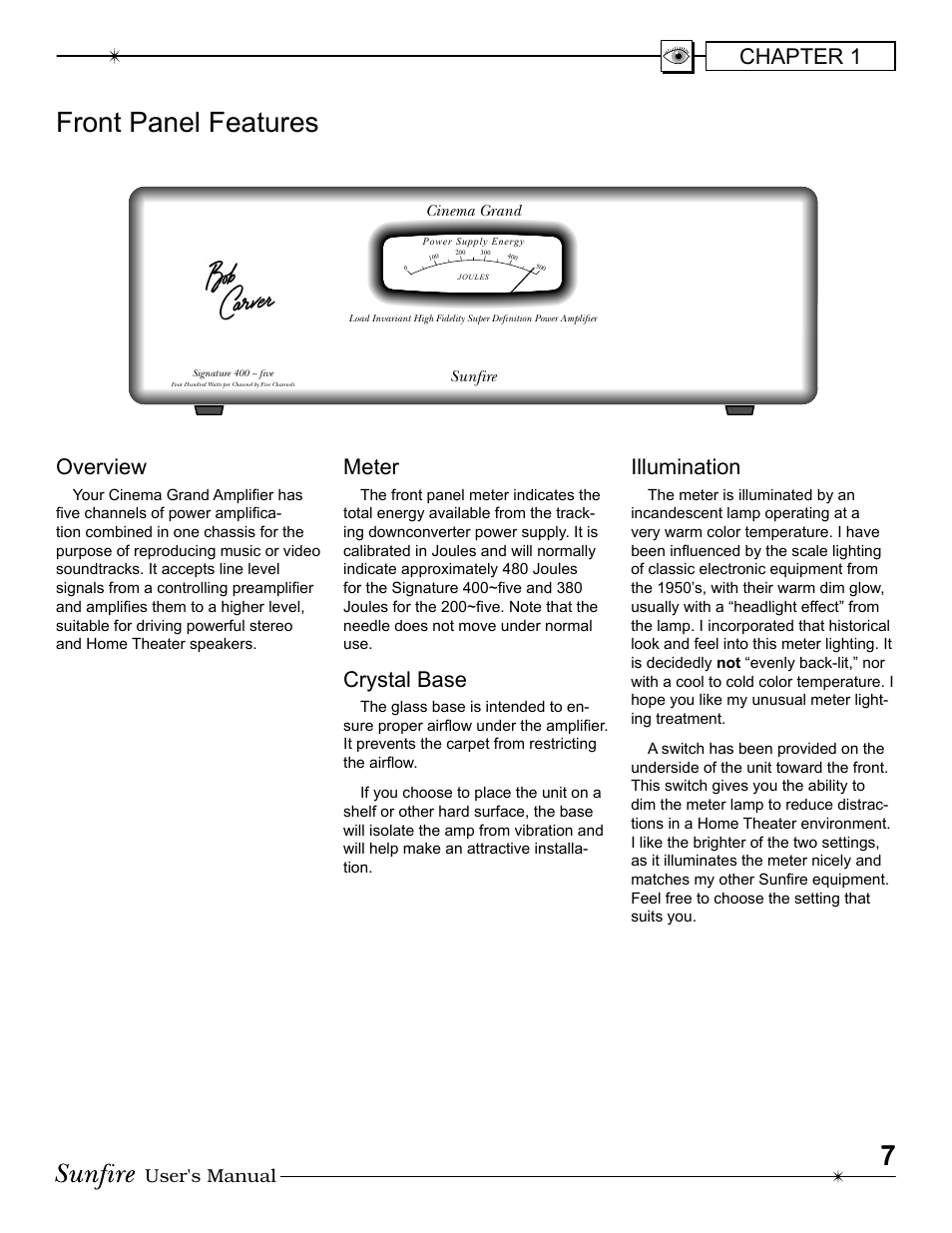 7front panel features, Overview, Meter | Crystal base, Illumination, Chapter 1, User's manual | Sunfire 200 ~ five User Manual | Page 7 / 20