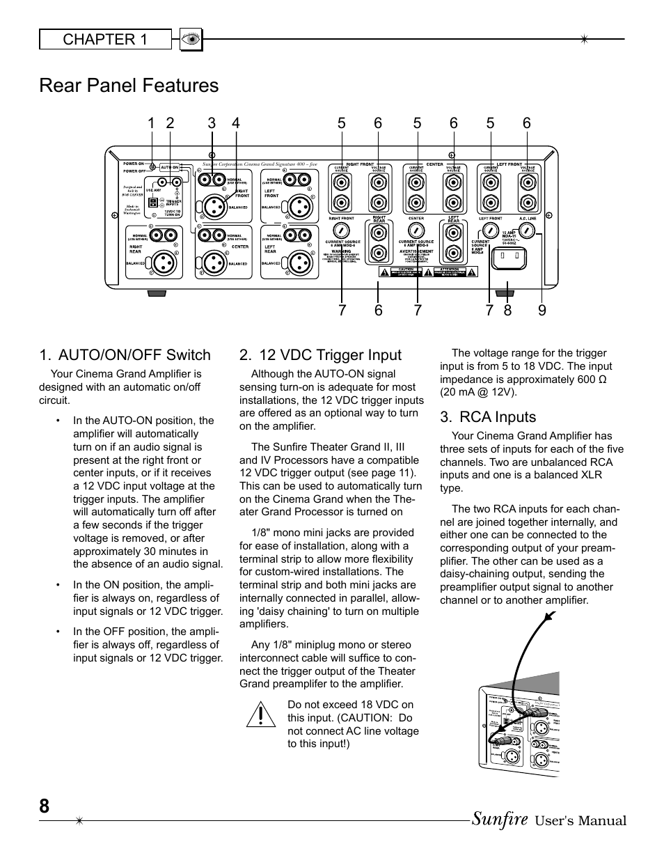 8rear panel features, Auto/on/off switch, 12 vdc trigger input | Rca inputs, Chapter 1 | Sunfire 200 ~ five User Manual | Page 8 / 20